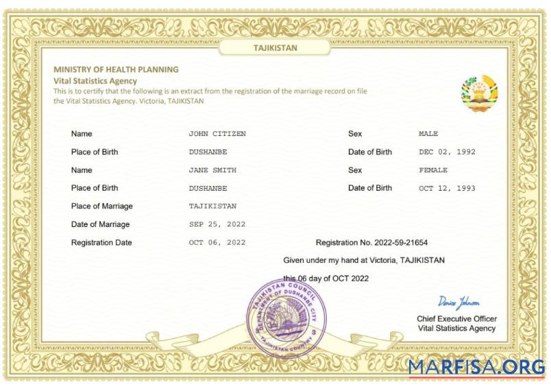 Downloadable Tajikistan marriage certificate Word and PDF template